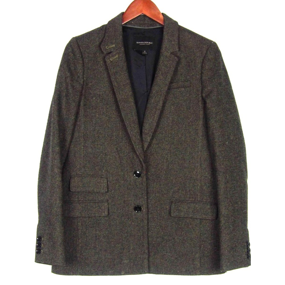 Banana Republic 2 Button Green Wool Blend Tweed HACKING Blazer Jacket Women's 4